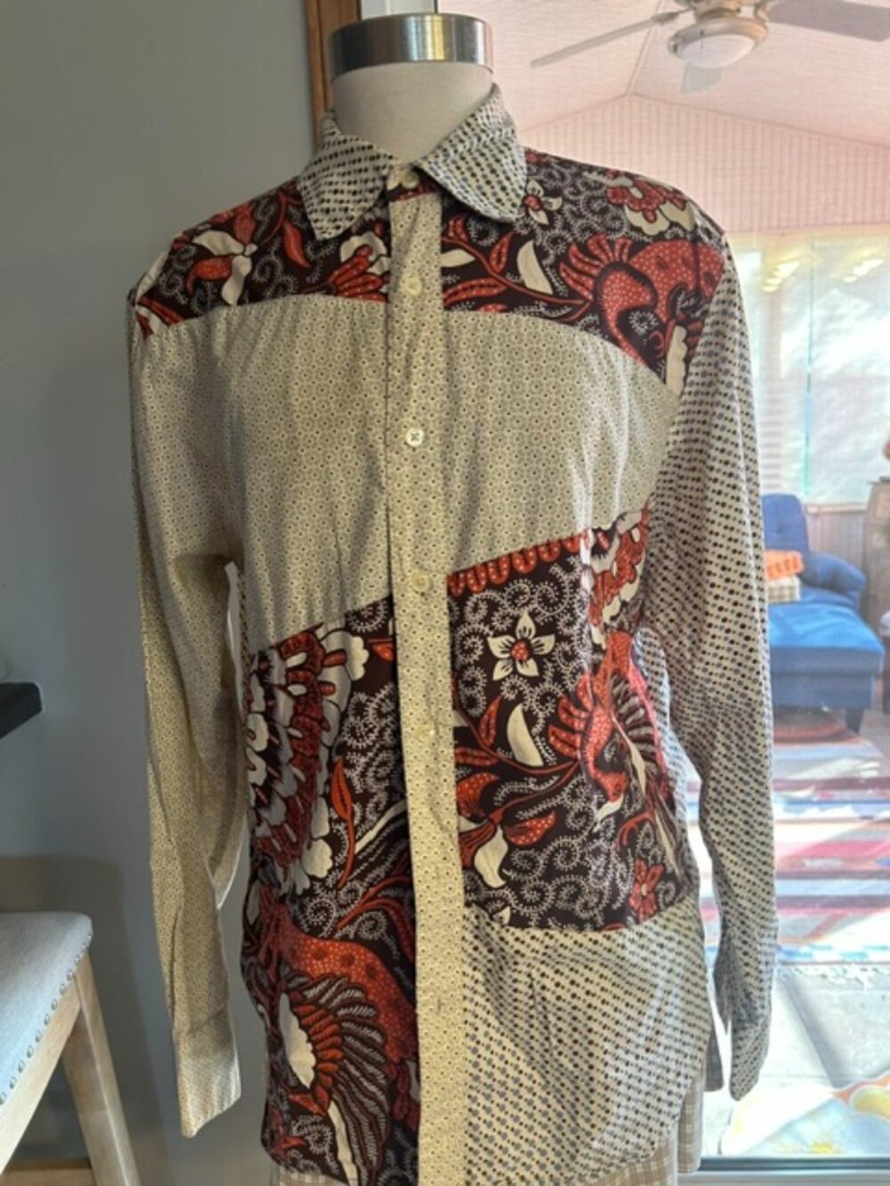 Mens Vintage Red Long Sleeve Button Up Shirt